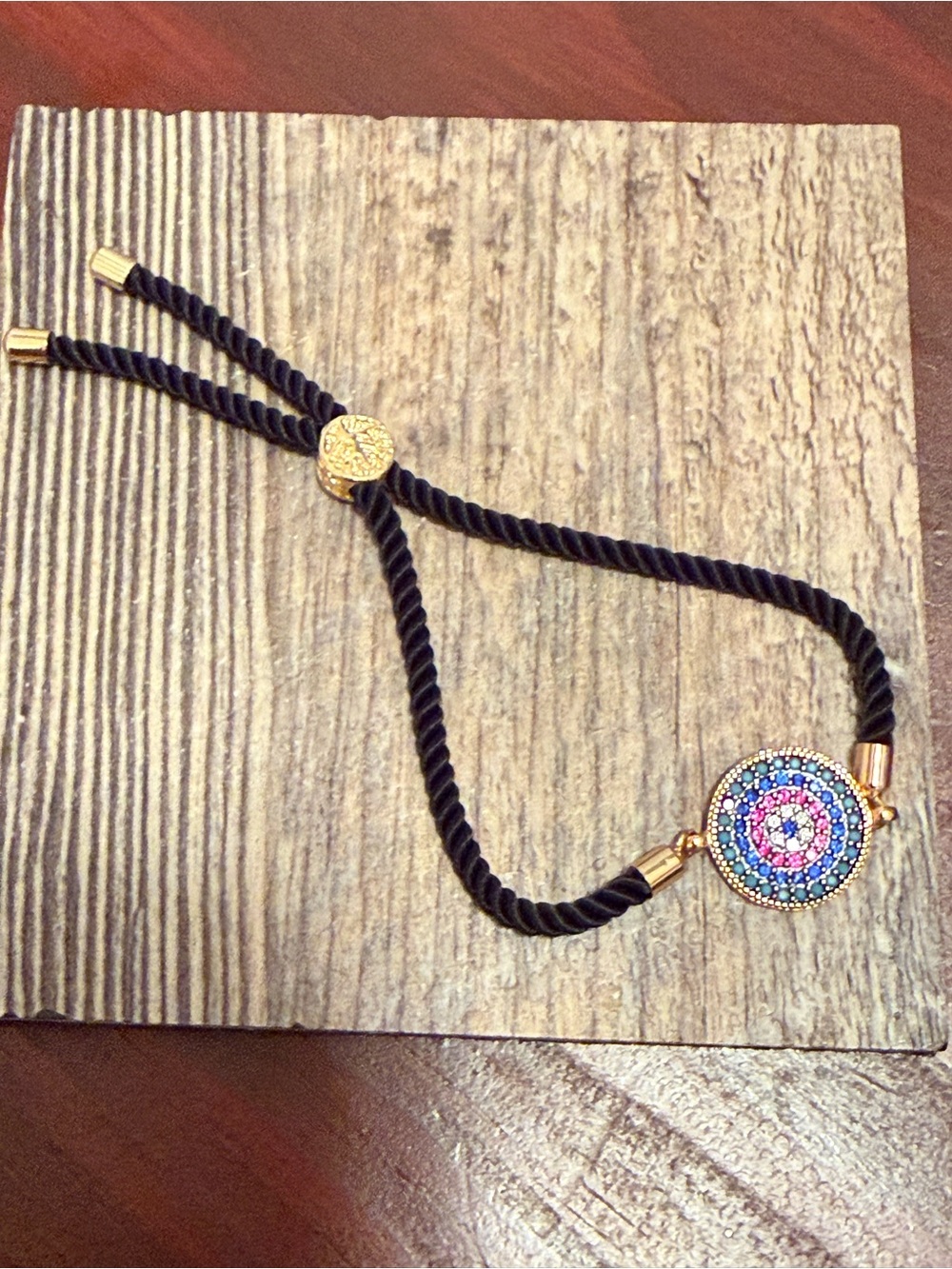 Gold-Tone Multicolor Pavé Round Disc Bracelet with Black Rope